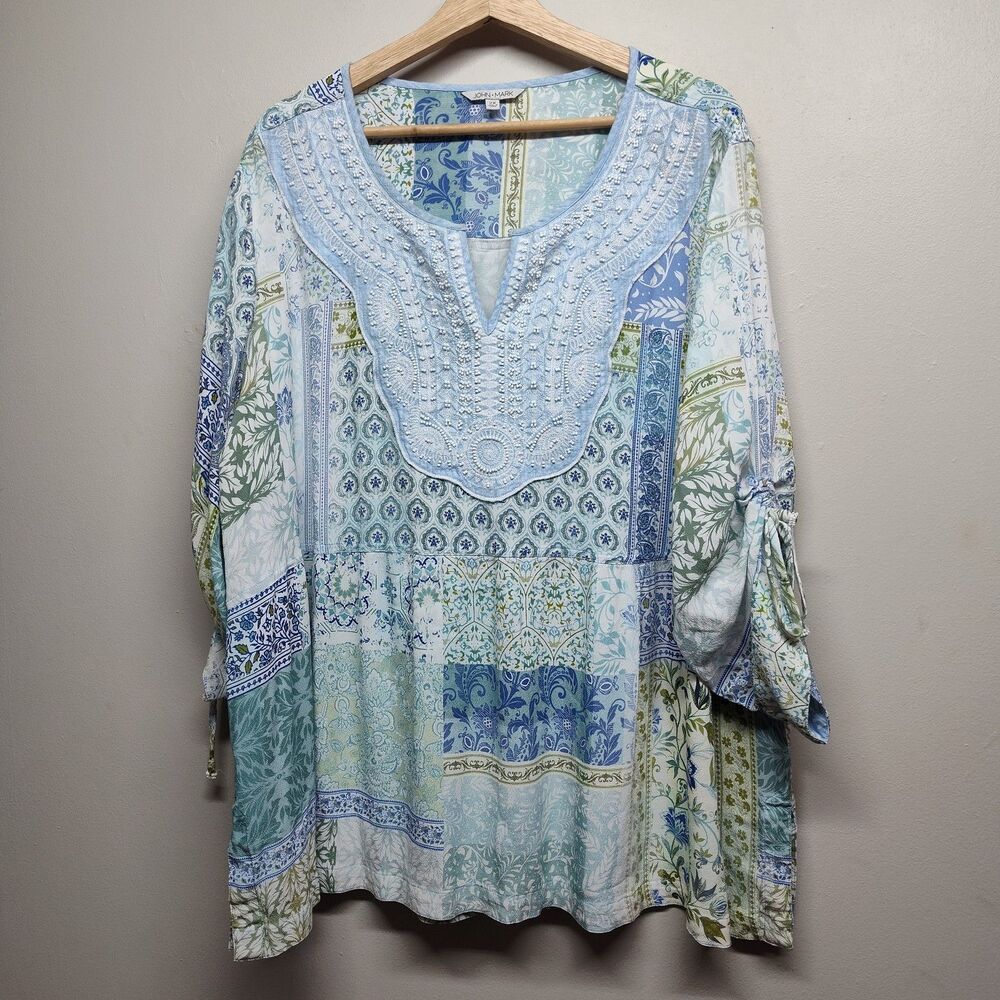 John Mark Tunic Blouse Top Women 2XL Blue Floral Beaded Relaxed Boho Cottage